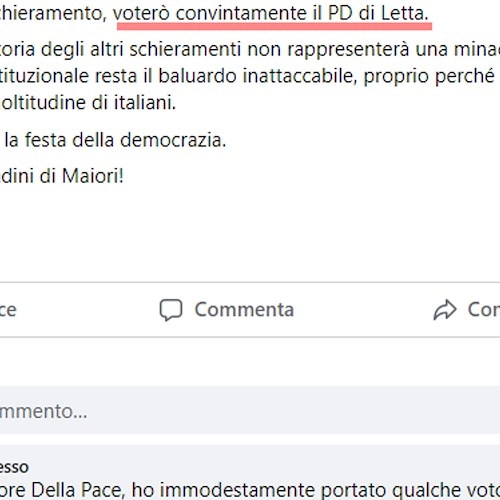 Elezioni, a Maiori Della Pace dice che voterà PD e si firma “Idea Comune”. E l’ex candidato: «Mai stati un'identità politica!»