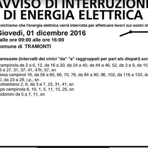 Enel, 1° dicembre interruzione fornitura elettrica a Tramonti