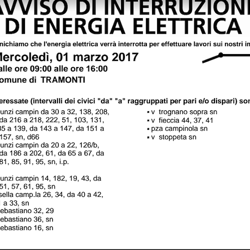 Enel, 1° marzo interruzione fornitura elettrica a Tramonti