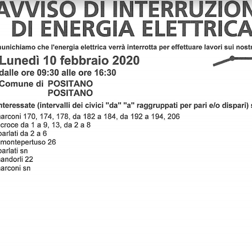 Enel, 10 febbraio interruzione fornitura elettrica a Positano