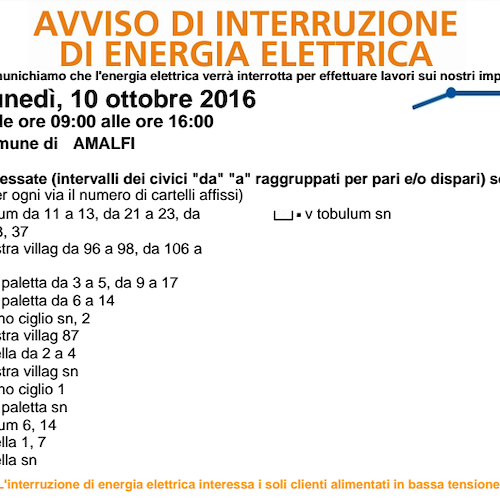 Enel, 10 ottobre interruzione fornitura elettrica ad Amalfi