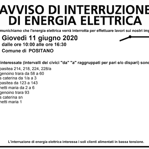 Enel, 11 giugno interruzione fornitura elettrica a Positano 