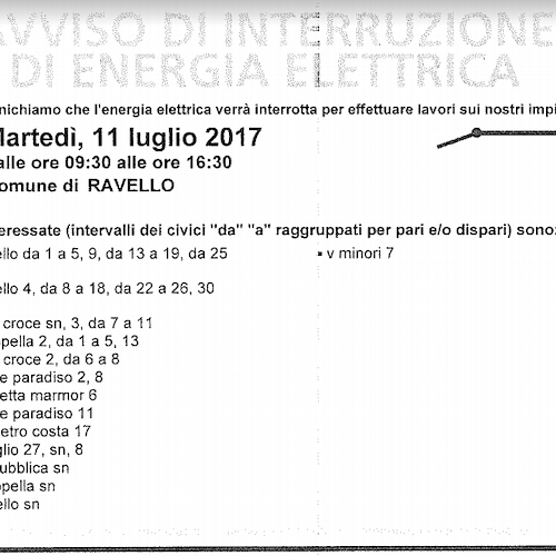 Enel, 11 luglio interruzione fornitura elettrica a Ravello