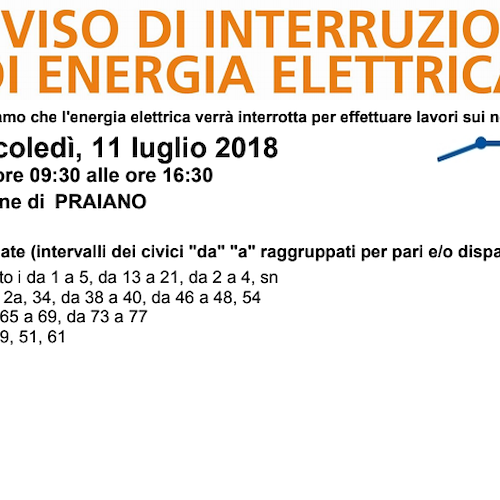Enel, 11 luglio interruzione fornitura elettrica a Praiano