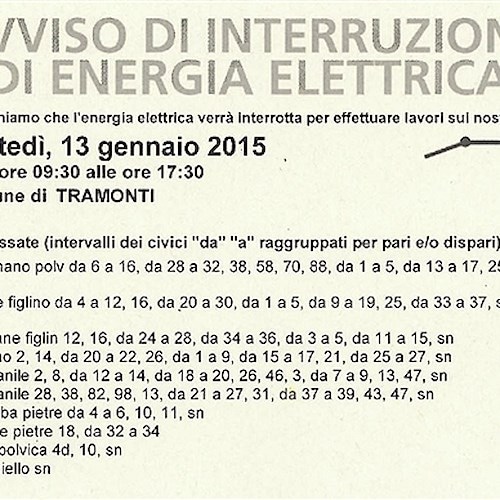 Enel, 12 e 13 gennaio interruzione fornitura elettrica a Tramonti