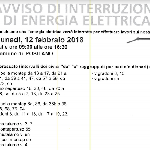 Enel, 12 febbraio interruzione fornitura elettrica a Positano