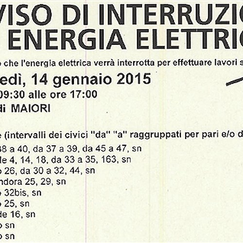 Enel, 14 gennaio interruzione fornitura elettrica a Maiori