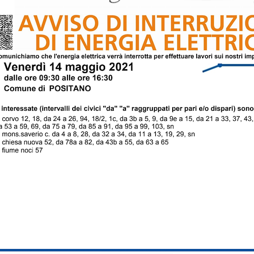 Enel, 14 maggio interruzione elettrica a Positano 