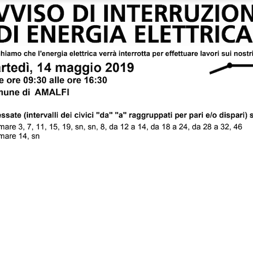 Enel, 14 maggio interruzione fornitura elettrica ad Amalfi 