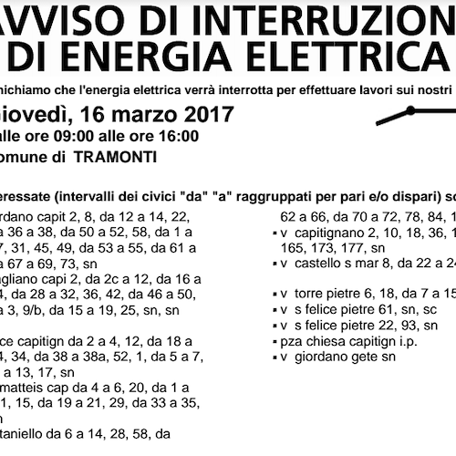 Enel, 15-16 marzo interruzione fornitura elettrica a Tramonti