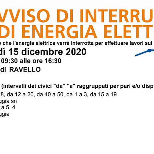 Enel, 15 dicembre interruzione fornitura elettrica a Ravello