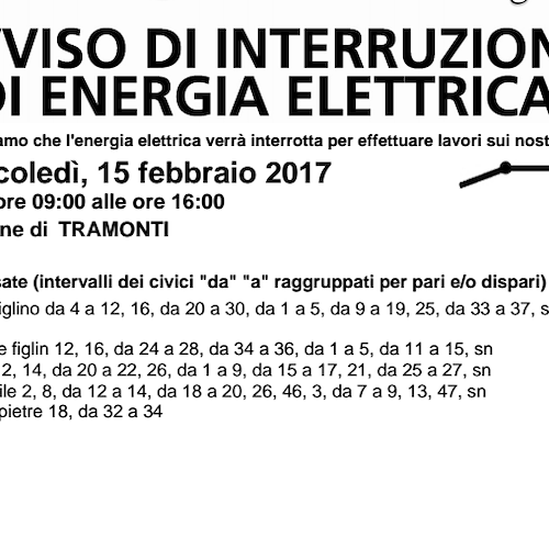 Enel, 15 febbraio interruzione fornitura elettrica a Tramonti
