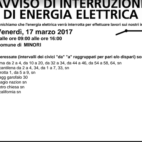 Enel, 17 marzo interruzione fornitura elettrica a Minori
