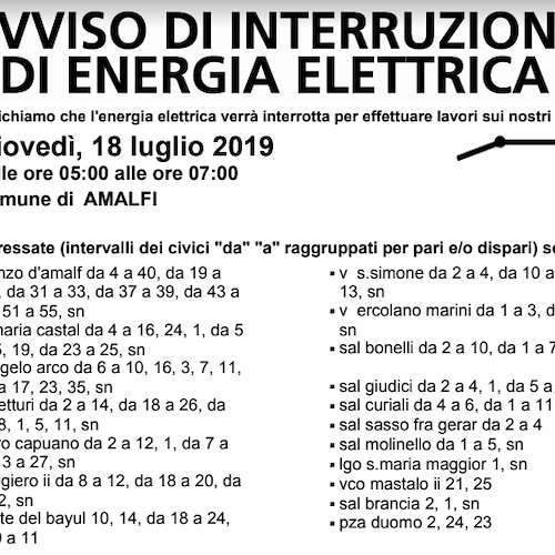 Enel, 18 luglio interruzione fornitura elettrica ad Amalfi 