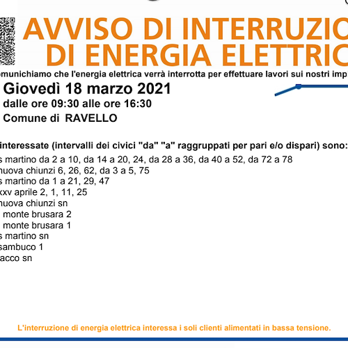 Enel, 18 marzo interruzione elettrica a Ravello