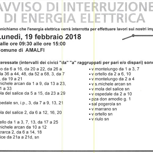 Enel, 19 febbraio interruzione fornitura elettrica ad Amalfi