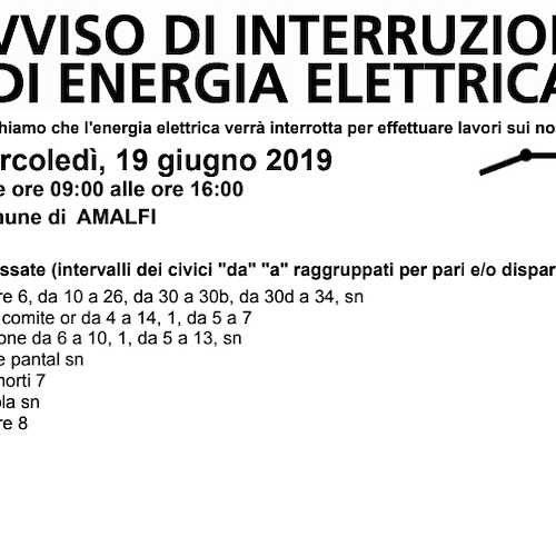 Enel, 19 giugno interruzione fornitura elettrica ad Amalfi 