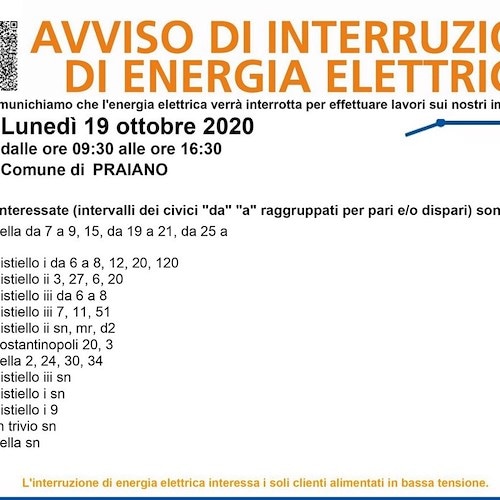 Enel, 19 ottobre interruzione fornitura elettrica a Praiano