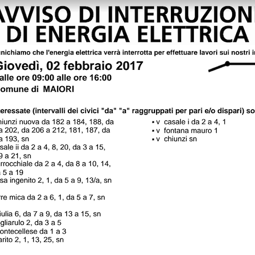 Enel, 2 febbraio interruzione fornitura elettrica a Tramonti