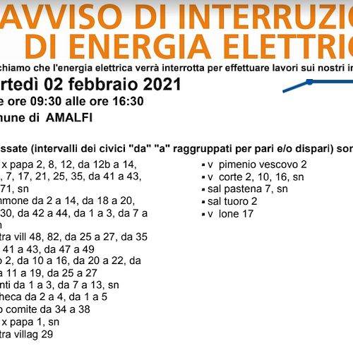 Enel, 2 febbraio interruzione fornitura elettrica ad Amalfi