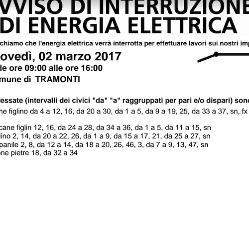 Enel, 2 marzo interruzione fornitura elettrica a Tramonti