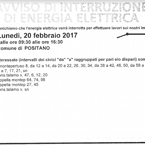 Enel, 20 febbraio interruzione fornitura elettrica a Positano