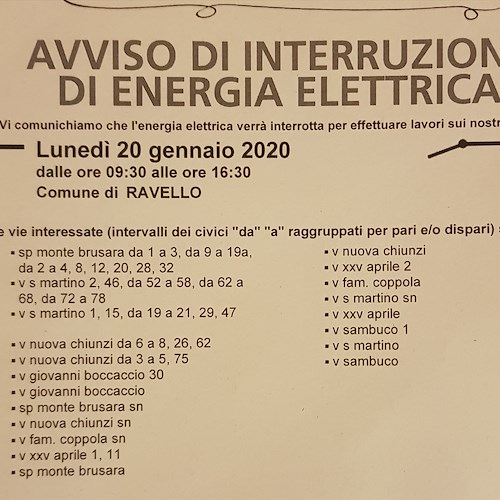 Enel, 20 gennaio interruzione fornitura elettrica a Ravello