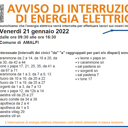 Enel, 21 gennaio interruzione fornitura elettrica ad Amalfi per lavori