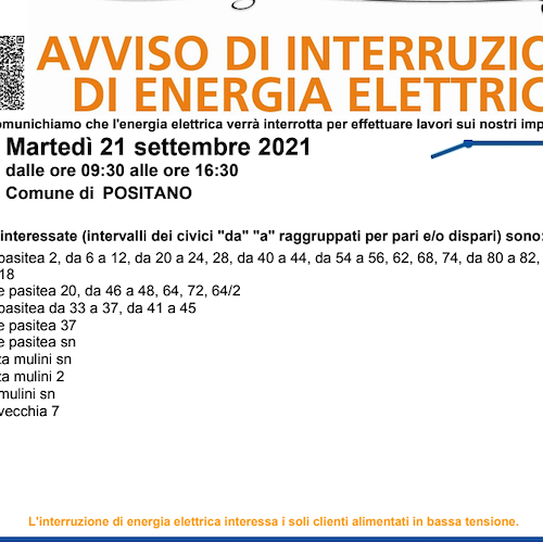Enel, 21 settembre interruzione fornitura elettrica a Positano