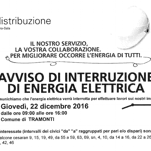 Enel, 22 dicembre interruzione fornitura elettrica a Tramonti