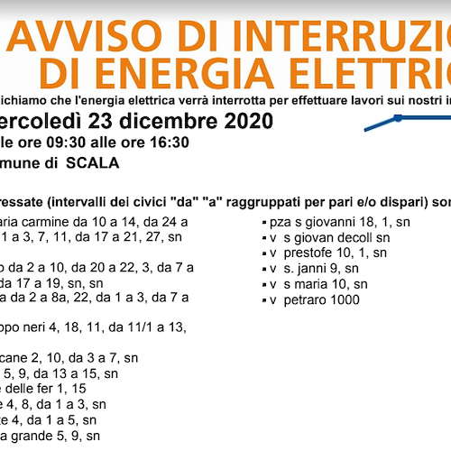 Enel, 23 dicembre interruzione fornitura elettrica a Scala