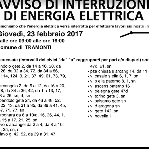 Enel, 23 febbraio interruzione fornitura elettrica a Tramonti