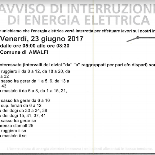 Enel, 23 luglio interruzione fornitura elettrica ad Amalfi