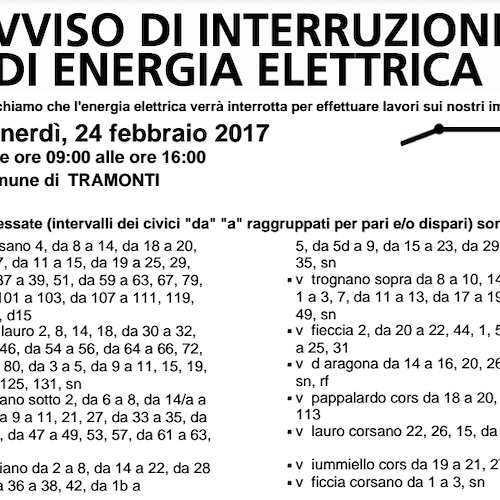 Enel, 24 febbraio interruzione fornitura elettrica a Tramonti