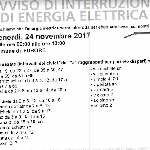 Enel, 24 novembre interruzione fornitura elettrica a Furore