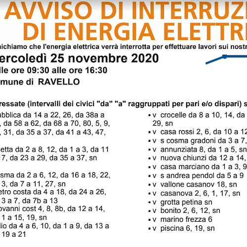 Enel, 25 novembre interruzione elettrica a Ravello 