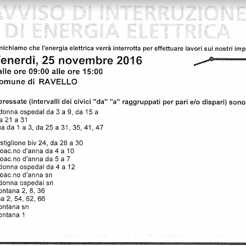 Enel, 25 novembre interruzione fornitura elettrica a Ravello