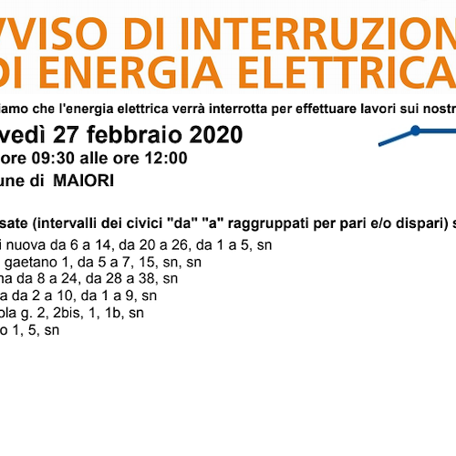 Enel, 27 febbraio interruzione fornitura elettrica a Maiori 