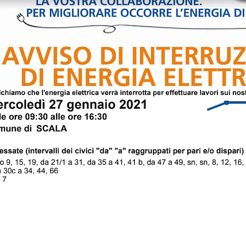 Enel, 27 gennaio interruzione fornitura elettrica a Scala 