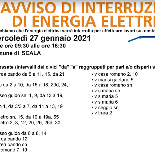 Enel, 27 gennaio interruzione fornitura elettrica a Scala 