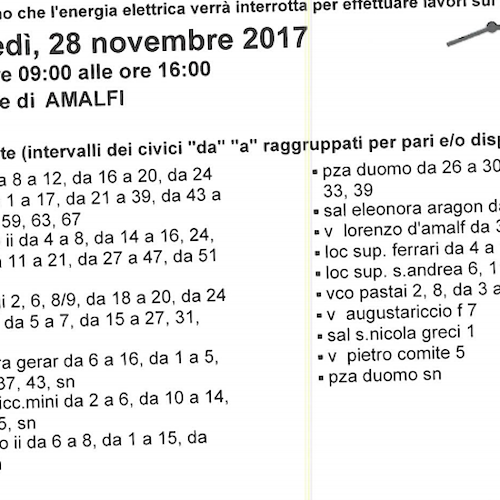 Enel, 28 novembre interruzione fornitura elettrica ad Amalfi