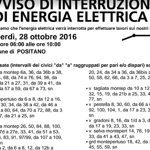 Enel, 28 ottobre interruzione fornitura elettrica a Positano