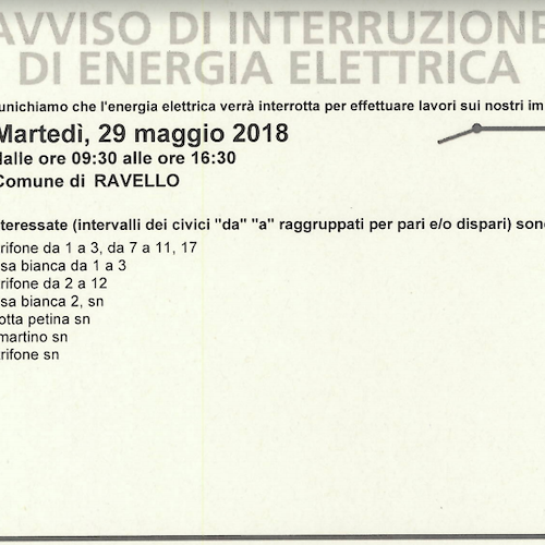 Enel, 29 maggio interruzione fornitura elettrica a Ravello