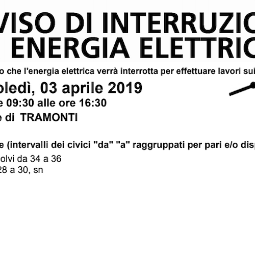 Enel, 3 aprile interruzione fornitura elettrica a Tramonti