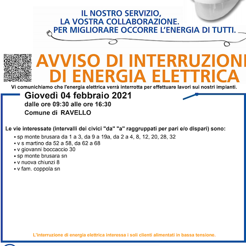 Enel, 4 febbraio interruzione fornitura elettrica a Ravello 