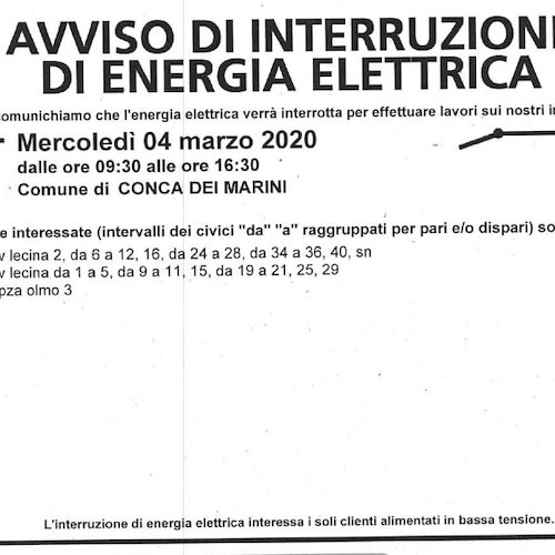 Enel, 4 marzo interruzione fornitura elettrica a Conca dei Marini