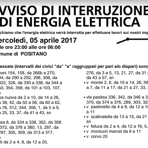 Enel, 5 aprile interruzione fornitura elettrica a Positano