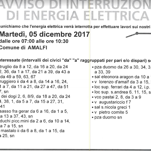 Enel, 5 dicembre interruzione fornitura elettrica ad Amalfi
