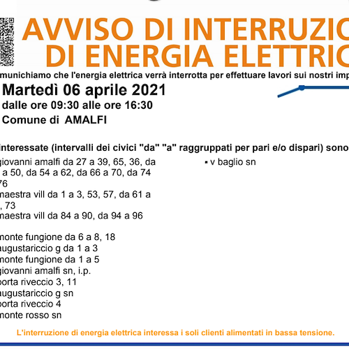Enel, 6 aprile interruzione elettrica ad Amalfi 