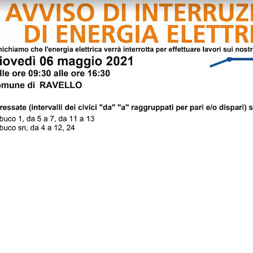 Enel, 6 maggio interruzione fornitura elettrica a Ravello 